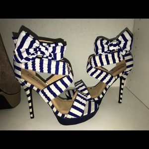 Navy Blue and white stripe heels with bow on side